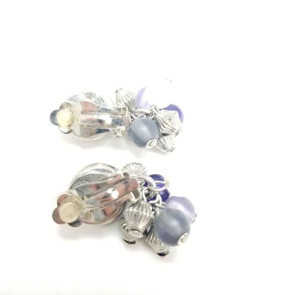 Vintage Silver Tone Clip On Earrings with Beaded Purple Blue Drop, Retro Design - Picture 3 of 6